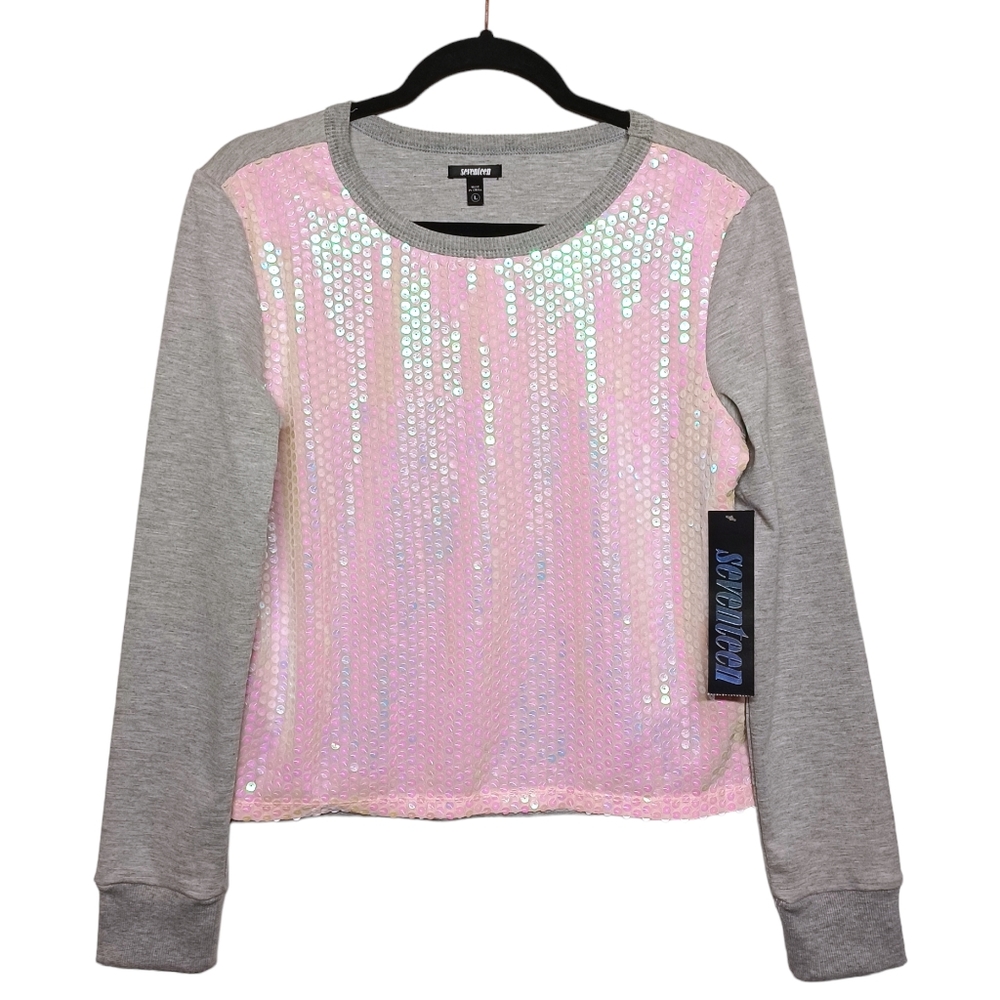 SEVENTEEN Top Iridescent Pink Sequin Front Long Sleeve Gray Sweater Large NWT